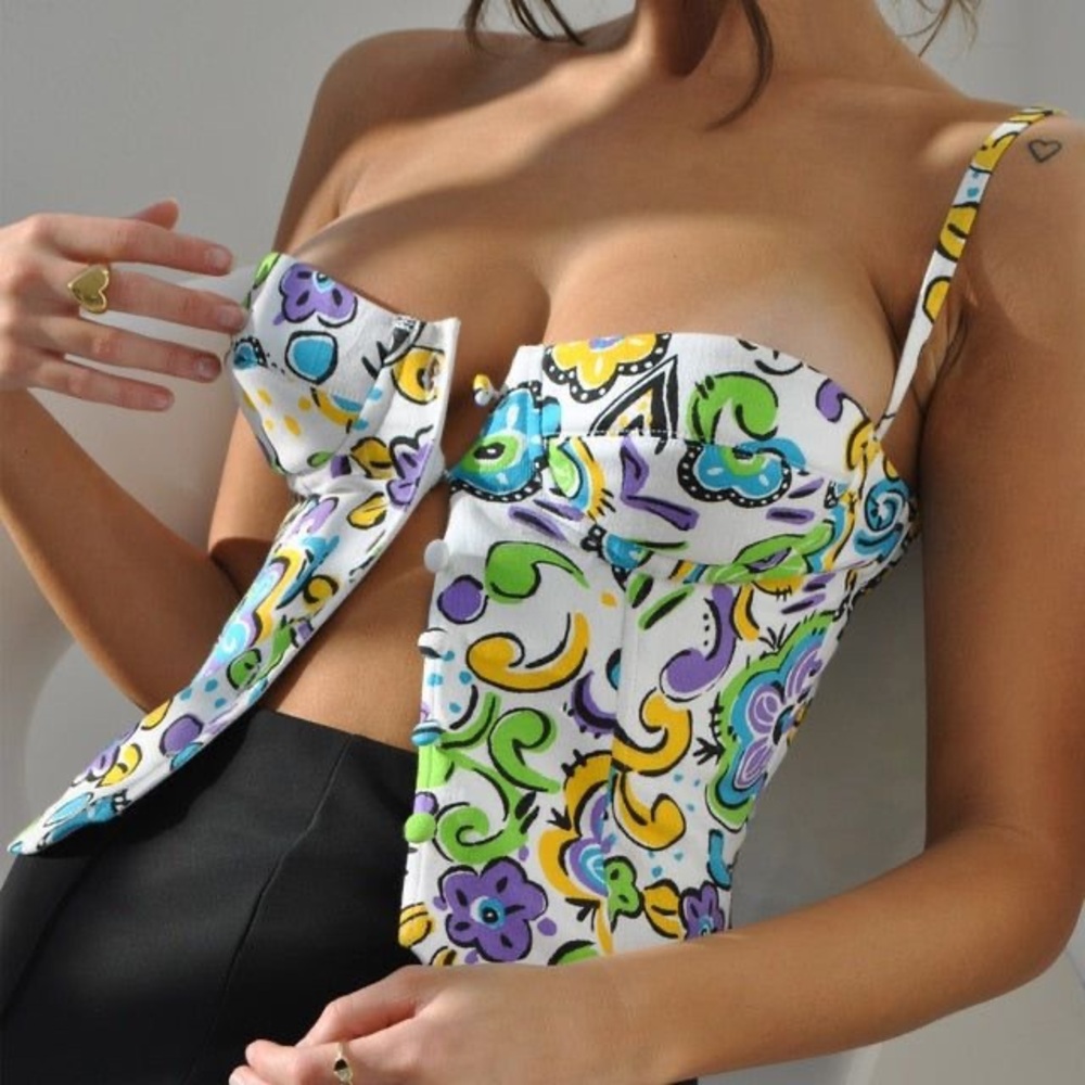 Mirror Palais Floral Crop Top in Purple, Yellow, and Green